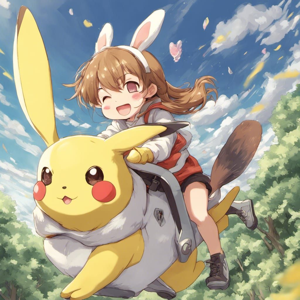 Rabbit Rides Pikachu: Anime-Style Illustration