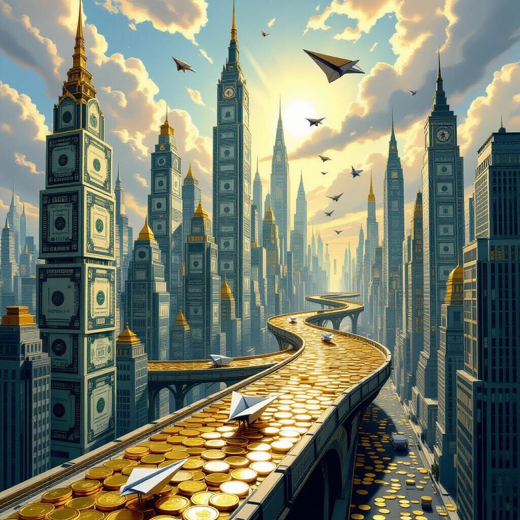 Surreal Dollar Bill Skyscrapers Soaring Paper Planes