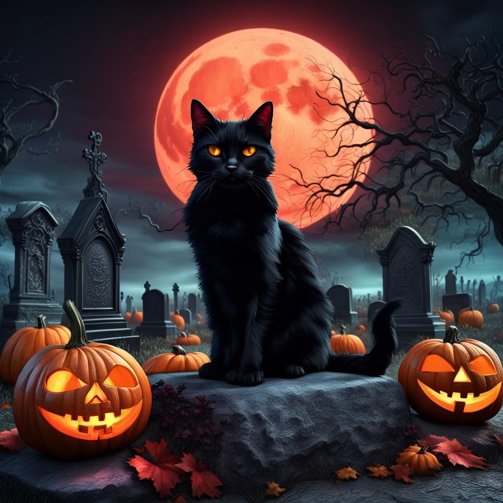 Gothic Cemetery with Black Cat and Pumpkins