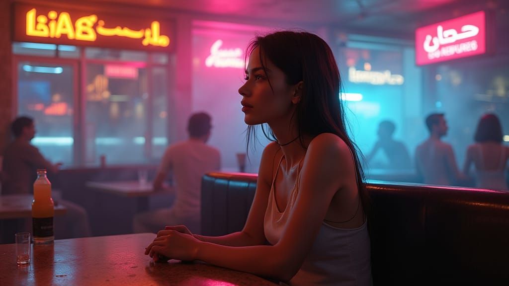 Cyberpunk Bar Scene with Woman in Neon Lights