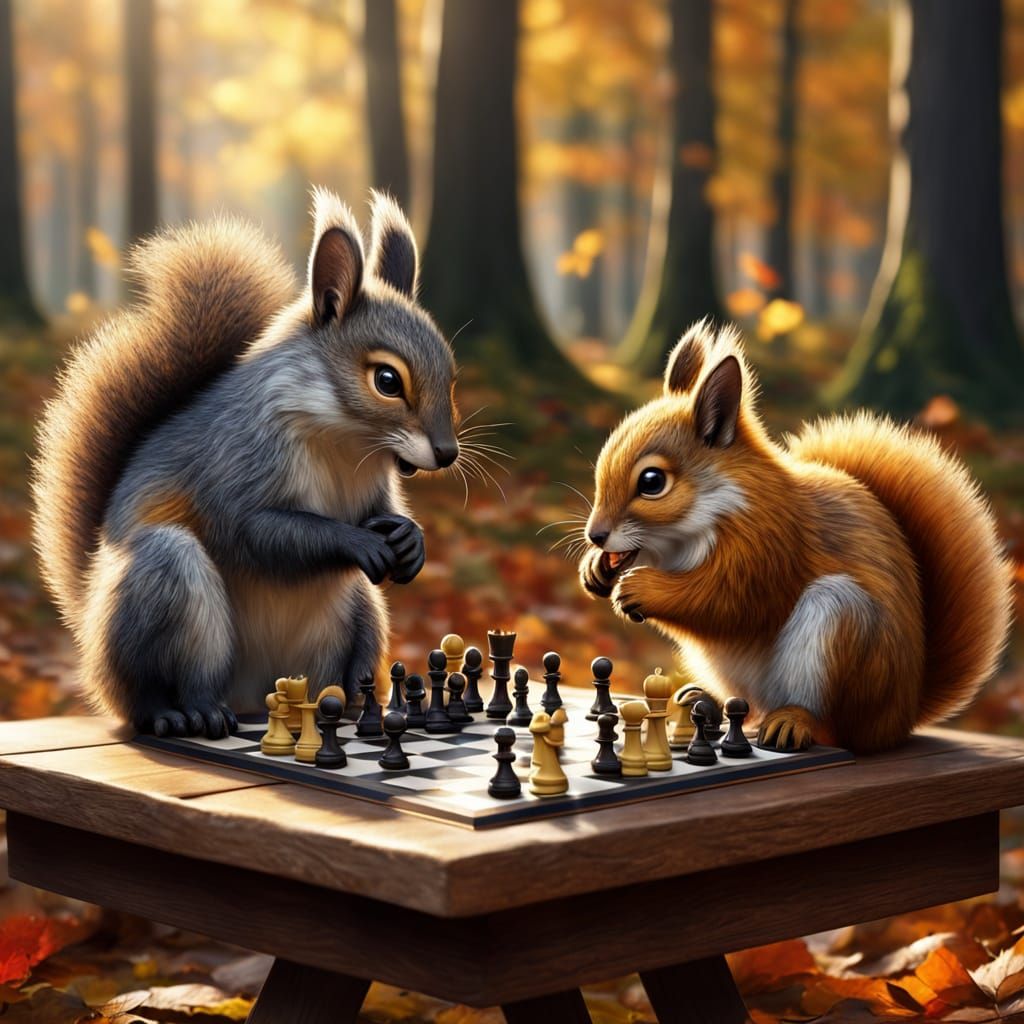 Forest Critters Play Chess in Autumn Woods