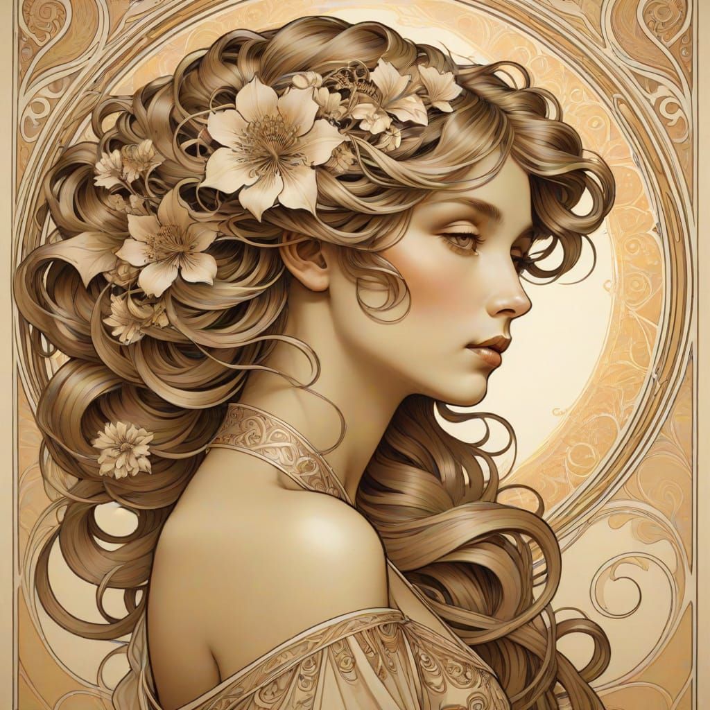 Elegant Art Nouveau Portrait in Intricate Ink
