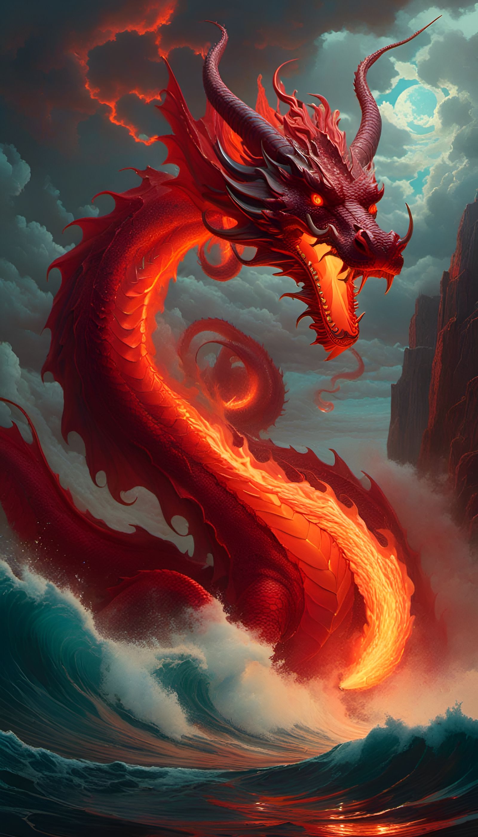 Swirling Red Elemental Dragon of Fire and Water