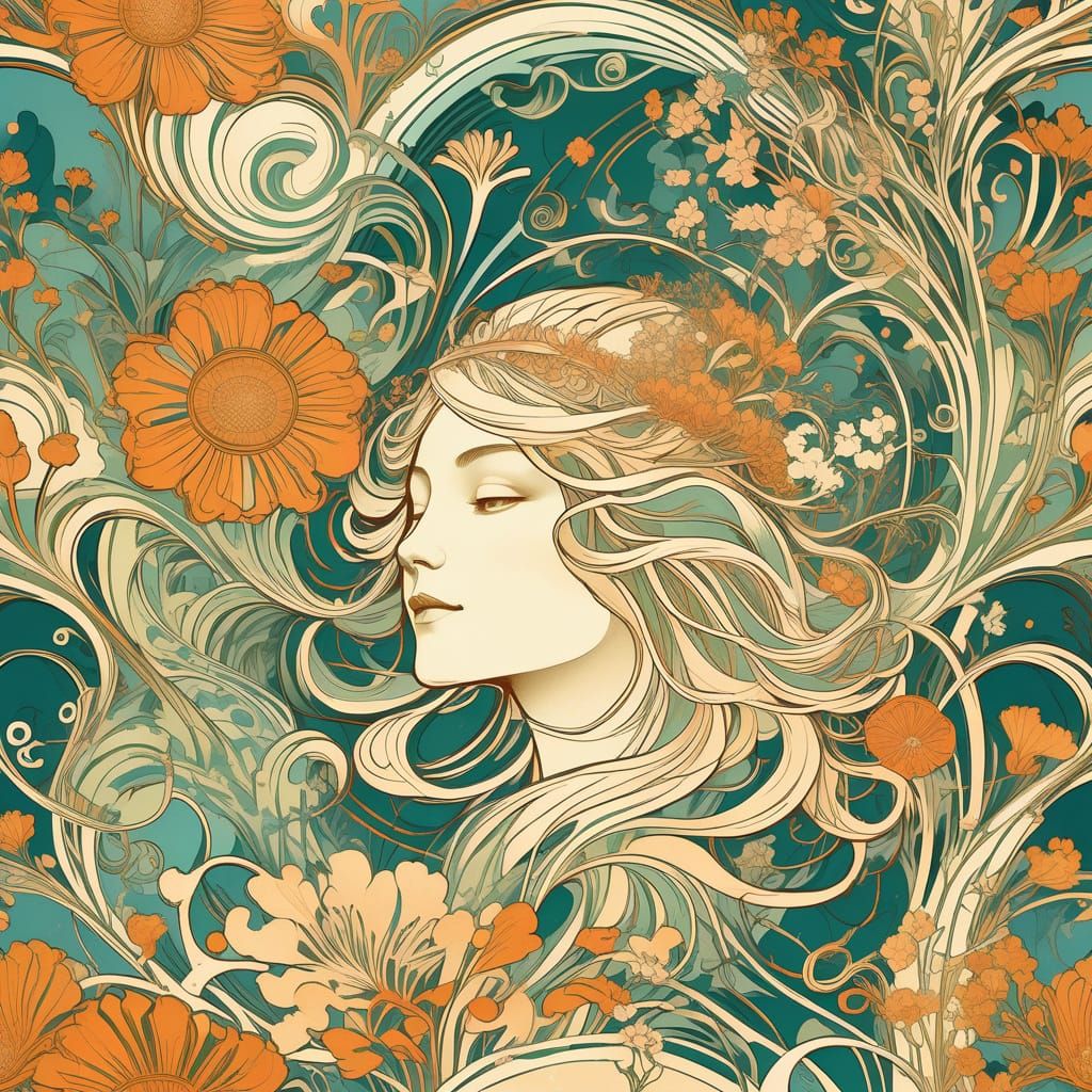 Art Nouveau Blooming Garden with Flowing Lines