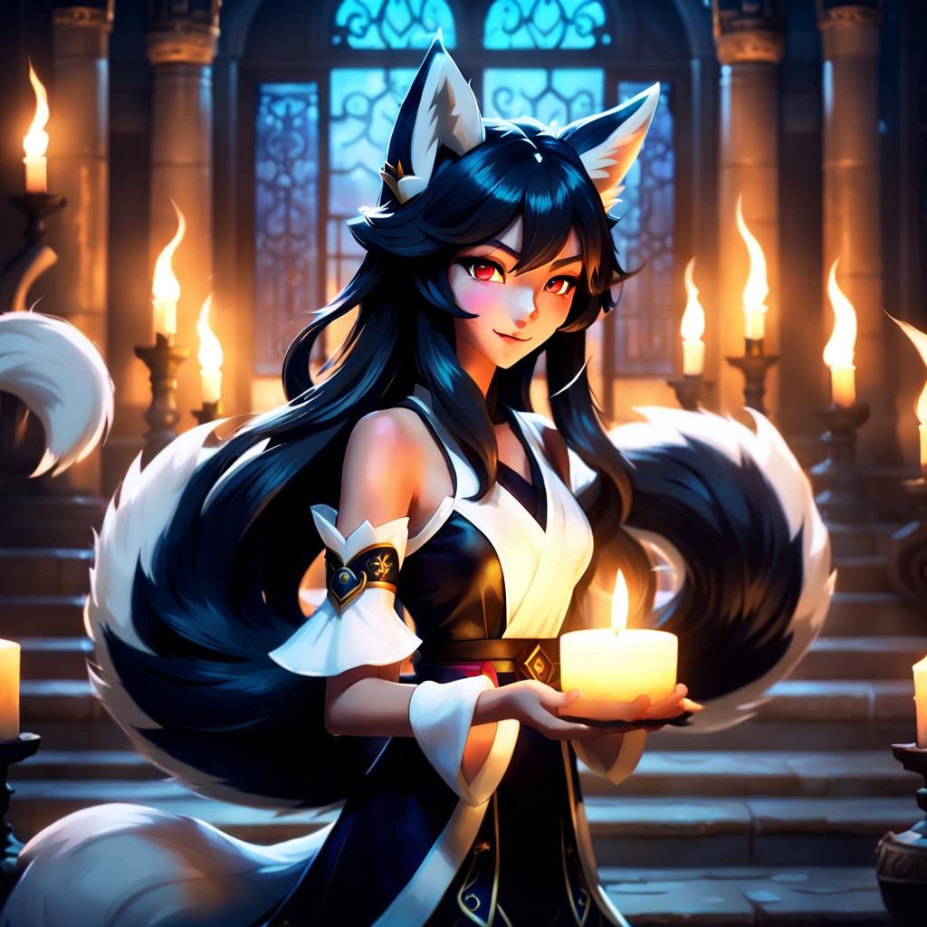 Ahri with Candle in Vaporwave Holographic Style