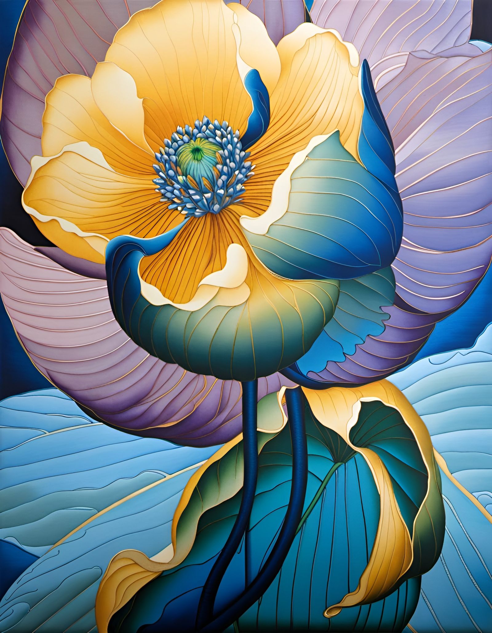 Blue Lotus in Ukiyo-e Style Silk Embroidery