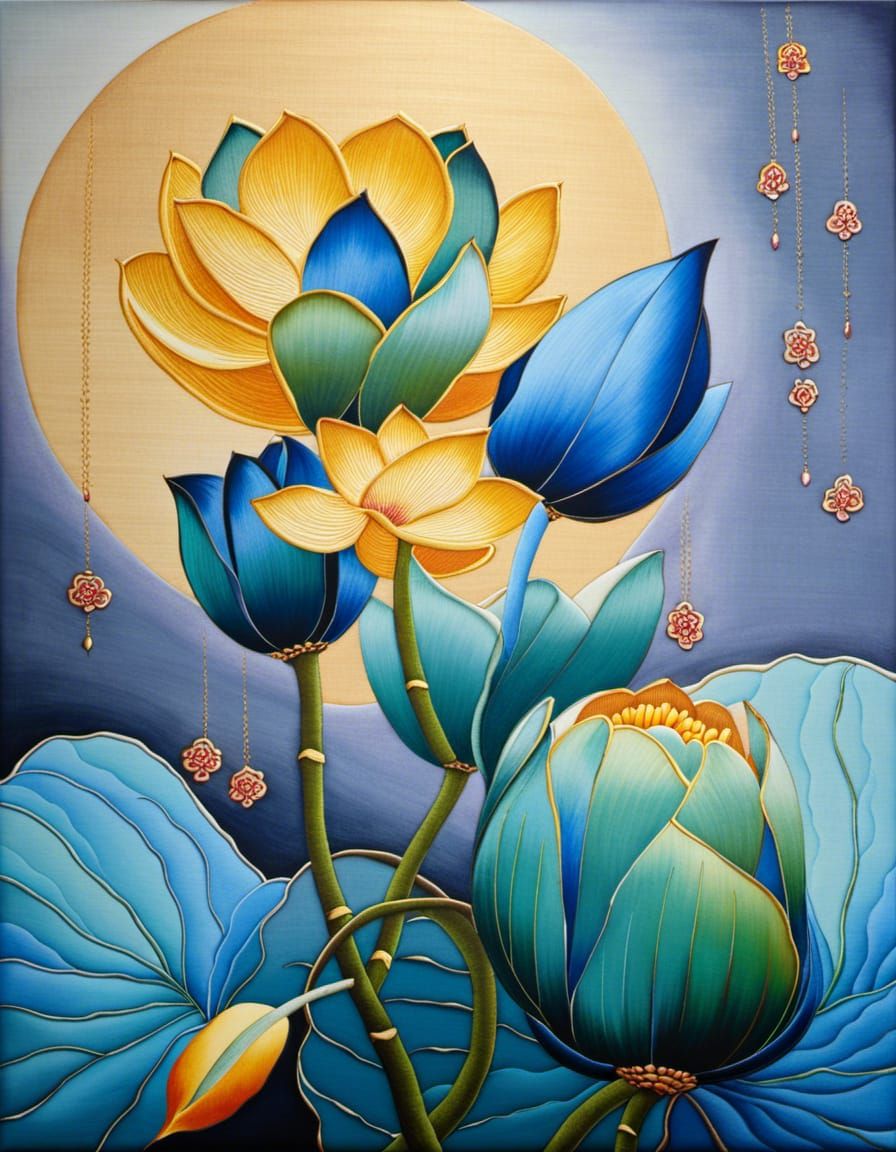Blue Lotus in Ukiyo-e Style Silk Embroidery