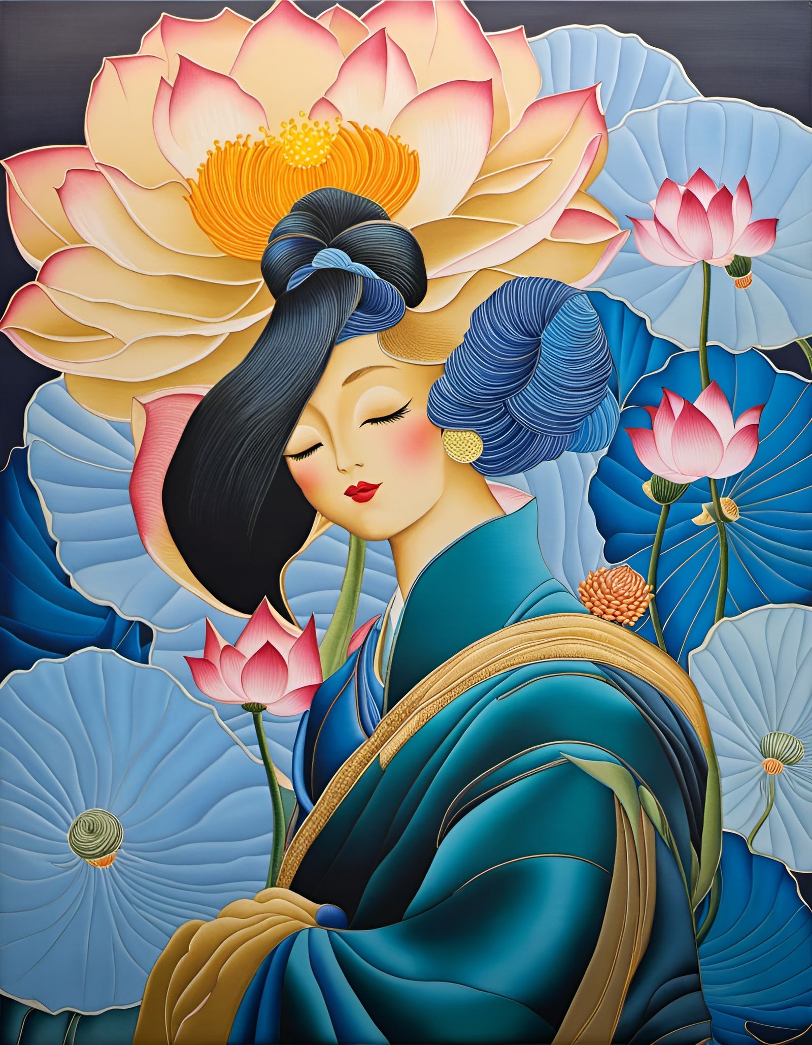 Blue Lotus in Ukiyo-e Style Embroidery