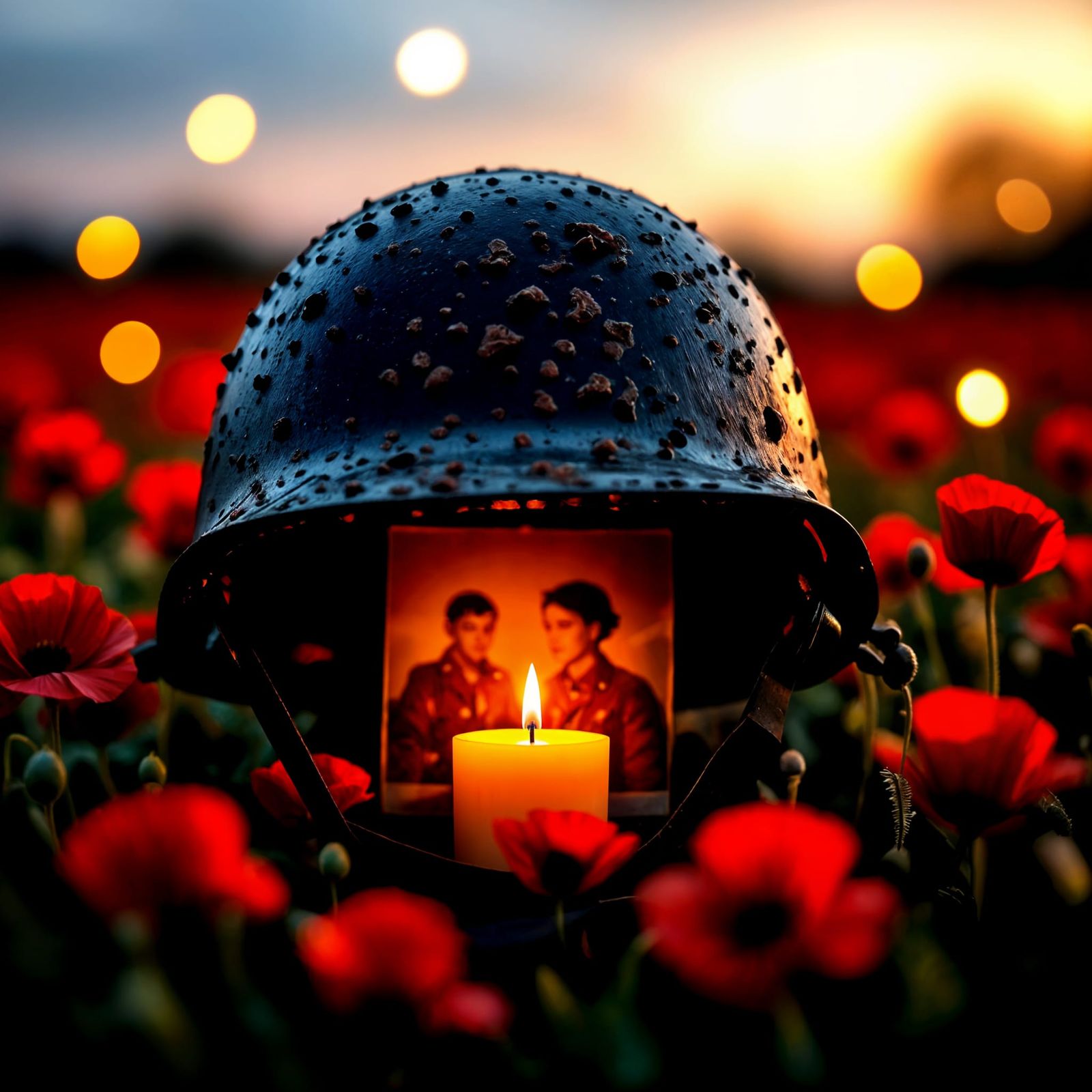 Soldier's Helmet with Poppies and Candlelight Photo