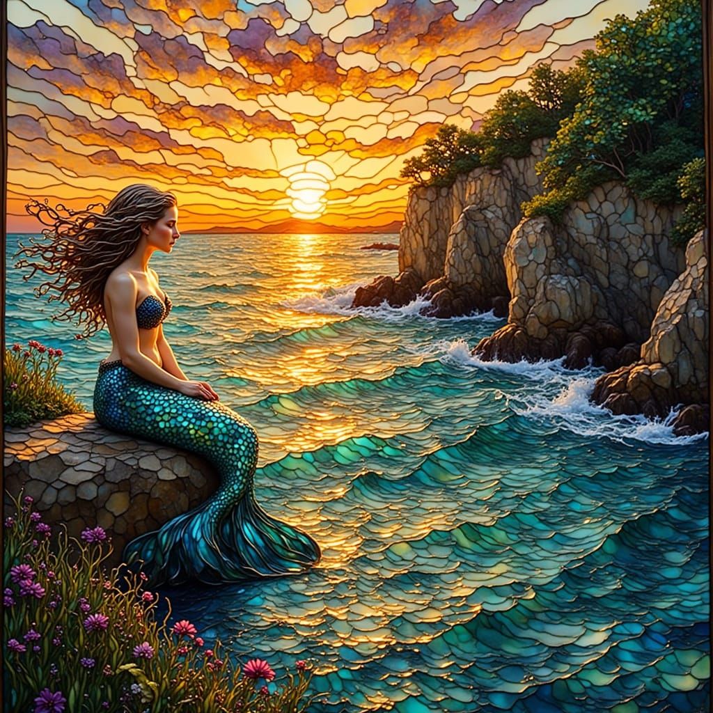 Stained-Glass Mermaid Watching Sunset Mosaic
