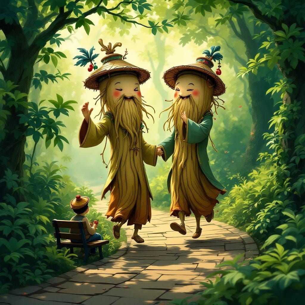 Ginseng Roots Dance in Forest, Whimsical Illustration
