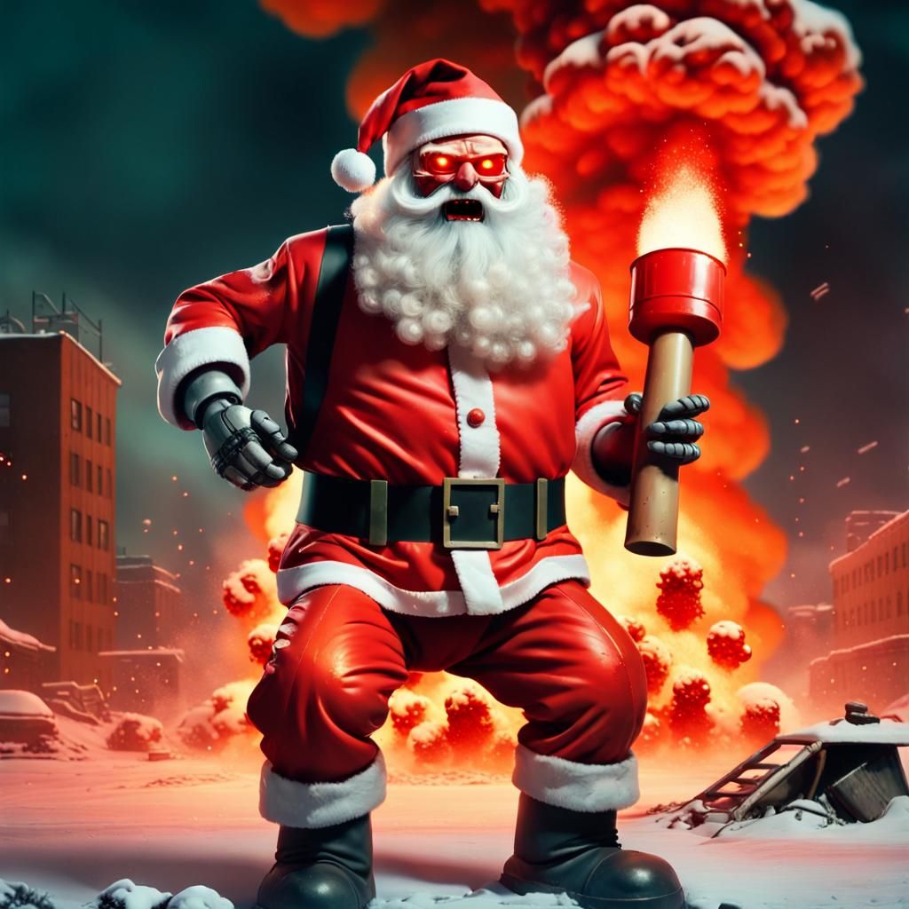 Evil Robot Santa Detonates Nuclear Bomb in Neon City