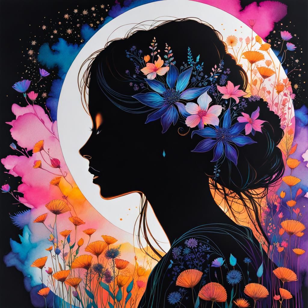 Neon Floral Silhouette in Black Light Art Style
