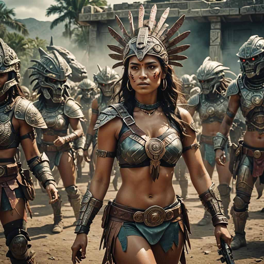 Aztec Latina Warrior Battles Aliens: Cinematic Film Still
