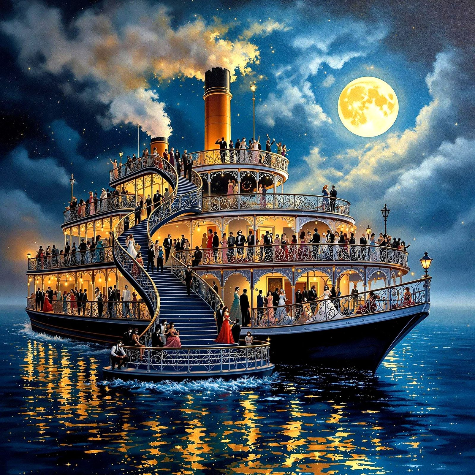 Masked Party on Paddle Steamer as Impasto Oil Painting