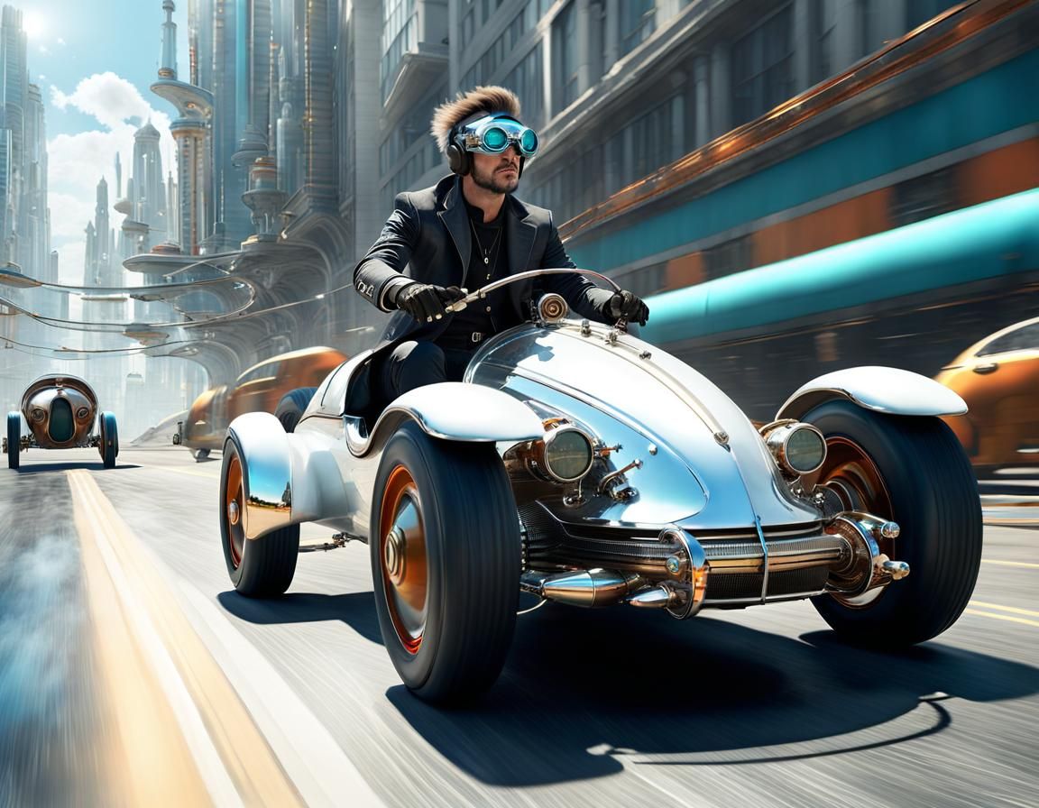 Steampunk Man Rides Retro Rocket Car