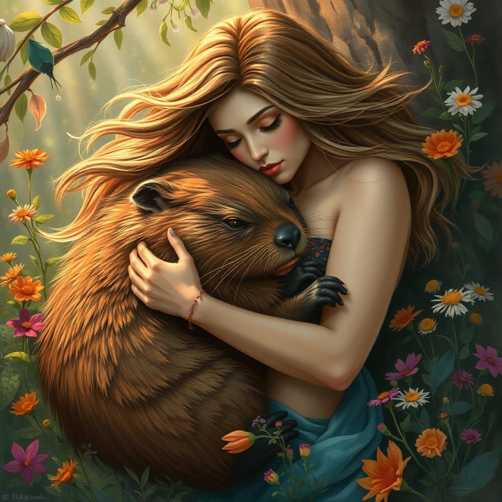 Woman Embracing Beaver in Dreamlike Erotic Style