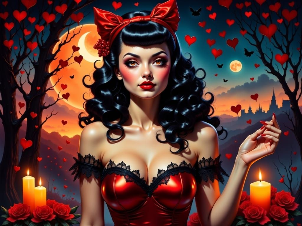 Gothic Pin-Up Model with Valentine Halloween Theme