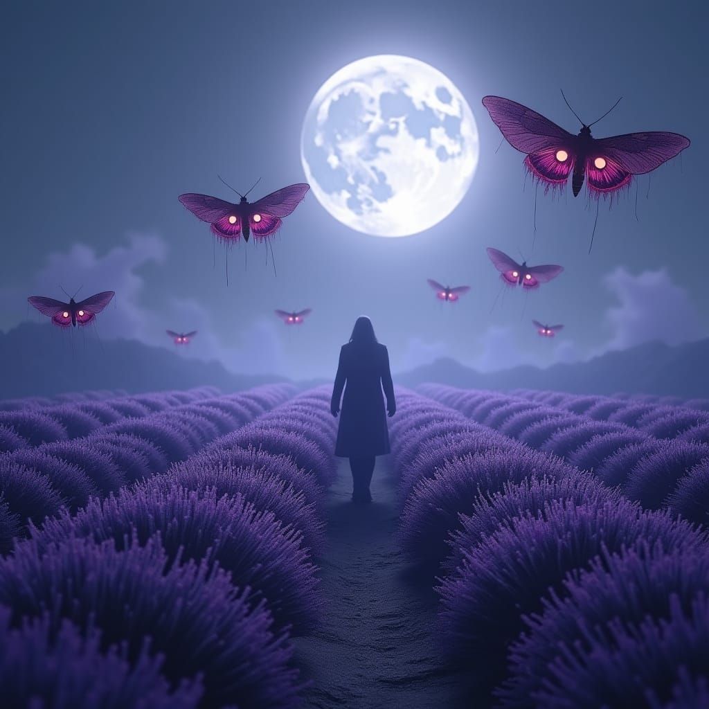 Mysterious Figure in Moonlit Lavender Field