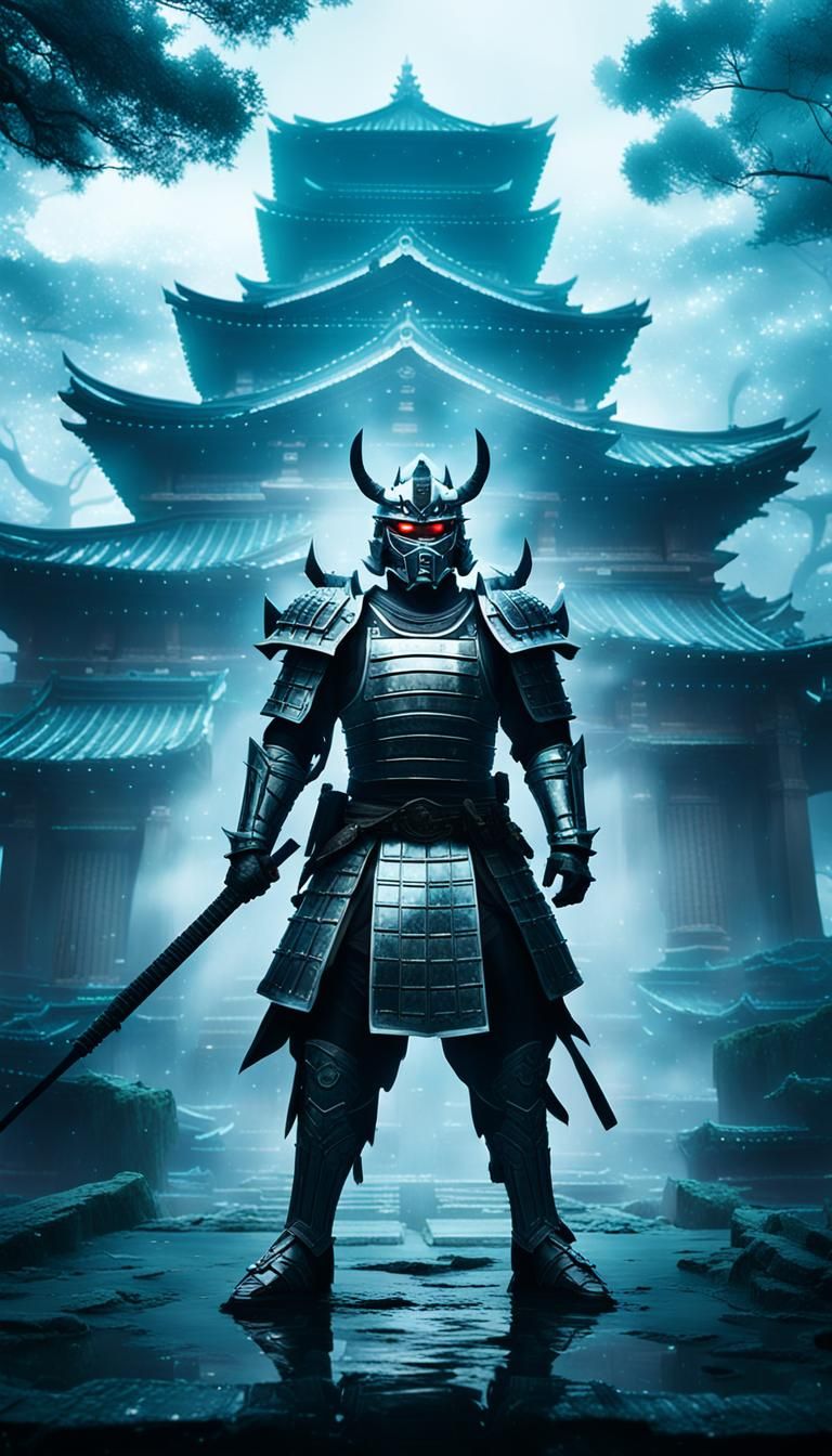 Sengoku Samurai with Oni Mask in Misty Temple