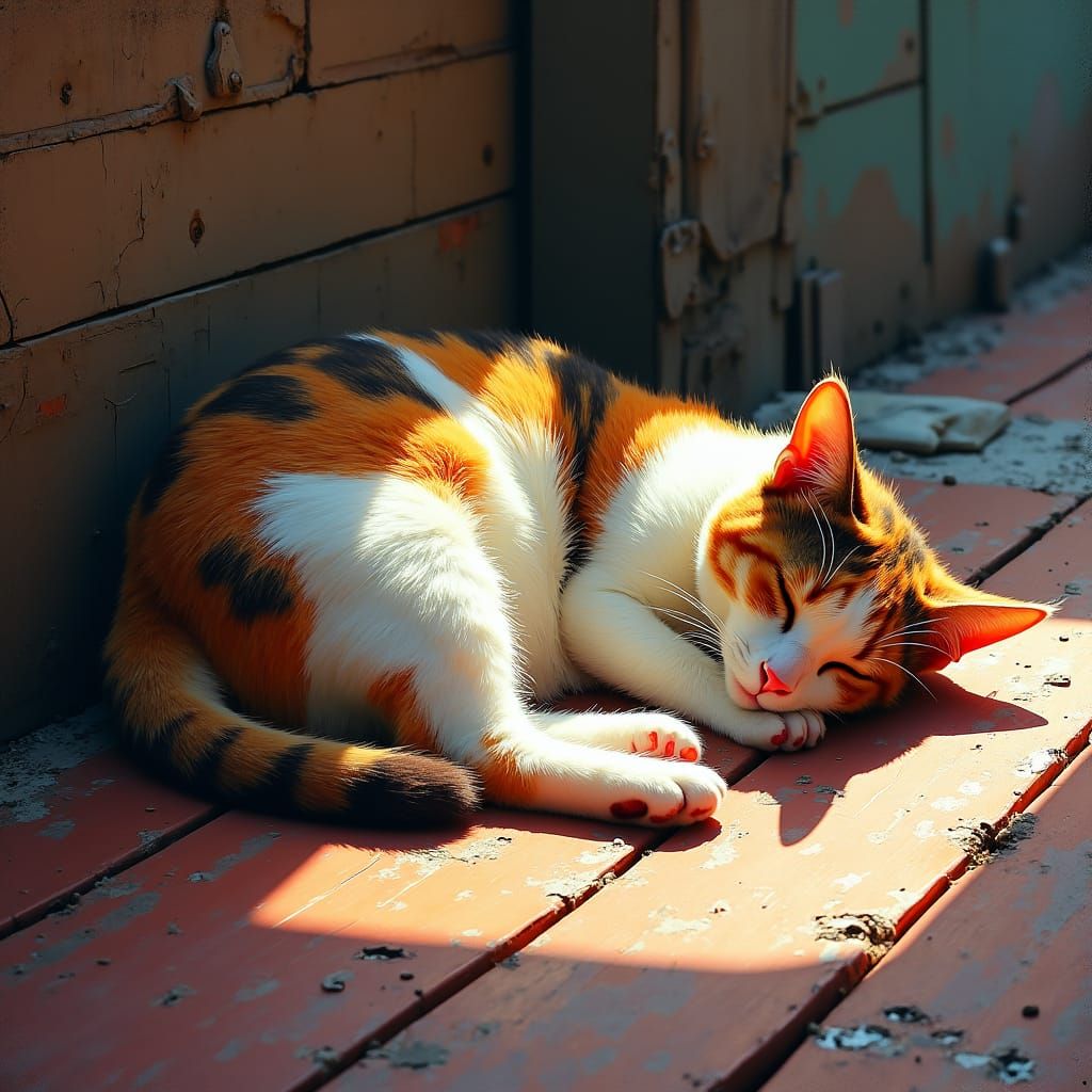 Calico Cat Nap in Urban Sunlight