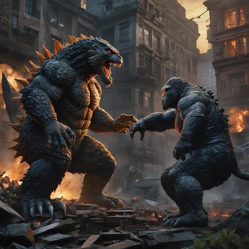 Godzilla and King Kong Clash in City Ruins
