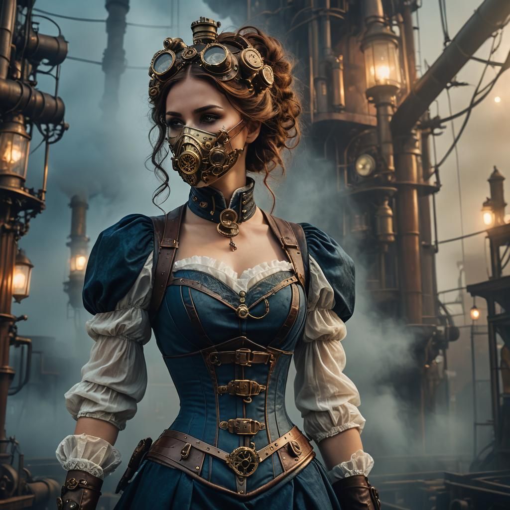 Steampunk Woman with Gas Mask in Victorian World