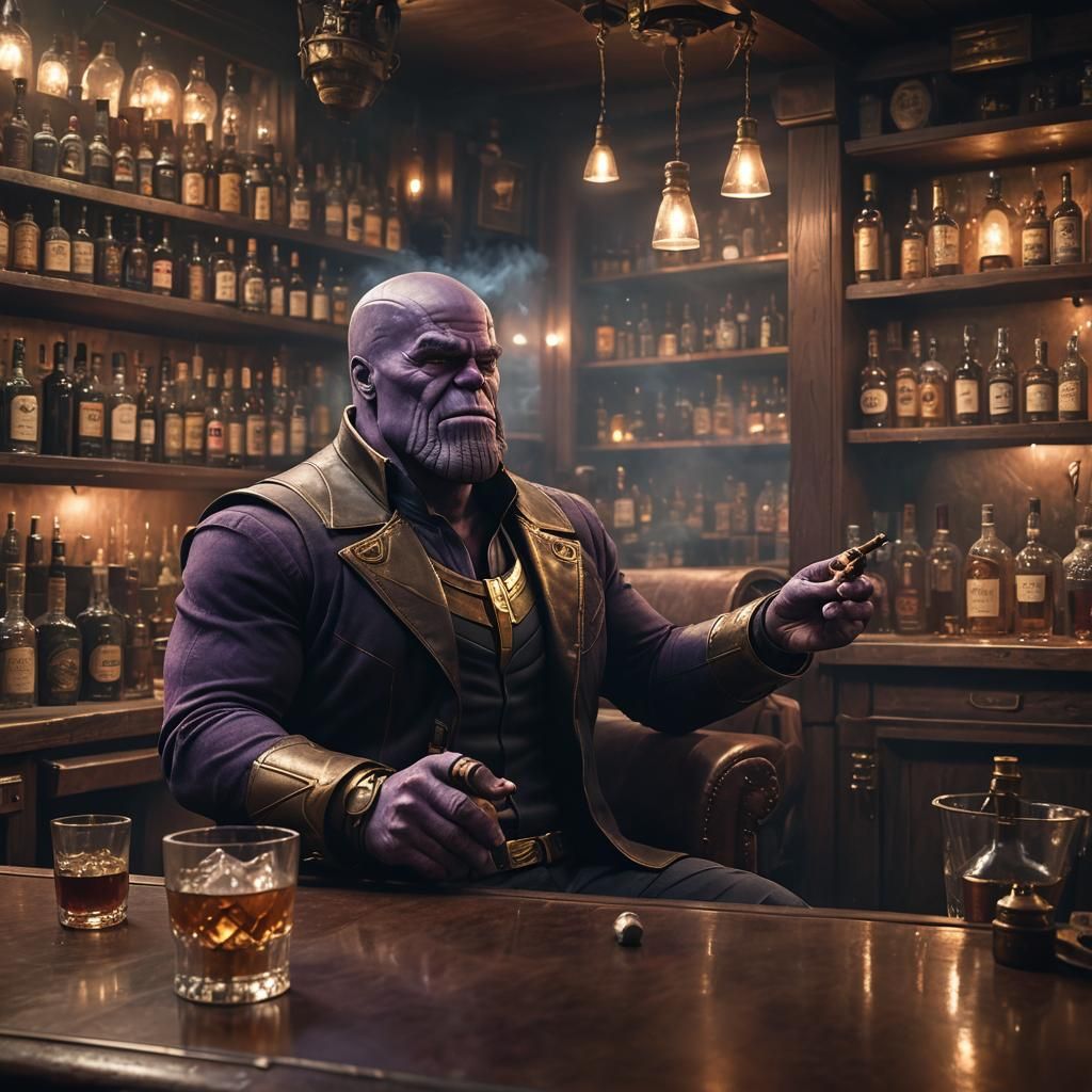 Thanos in Dimly Lit Bar Smoking a Cigar