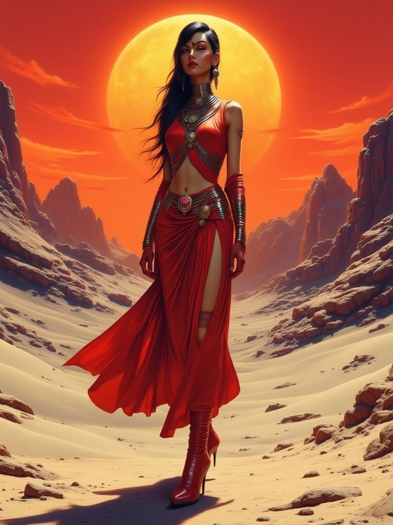 Retro-Futuristic Hittite Woman in Desert Landscape