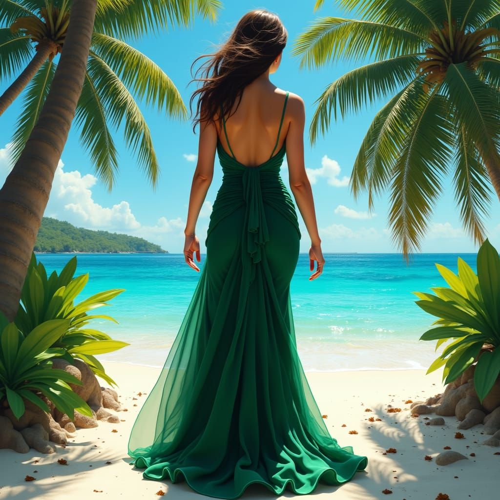 Brunette in Green Dress in a Tropical Paradise