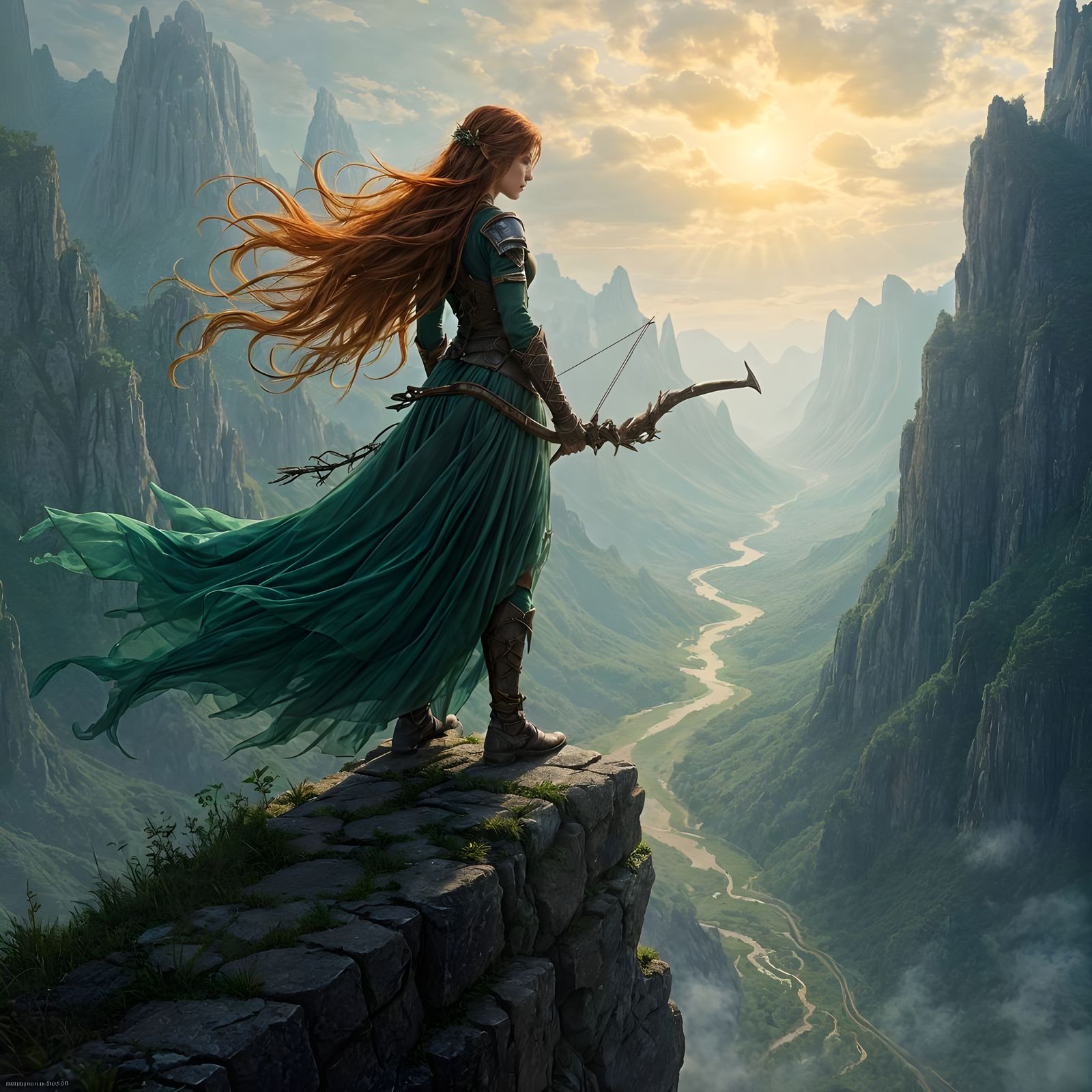 Auburn Haired Fairy Huntress with Emerald Armor