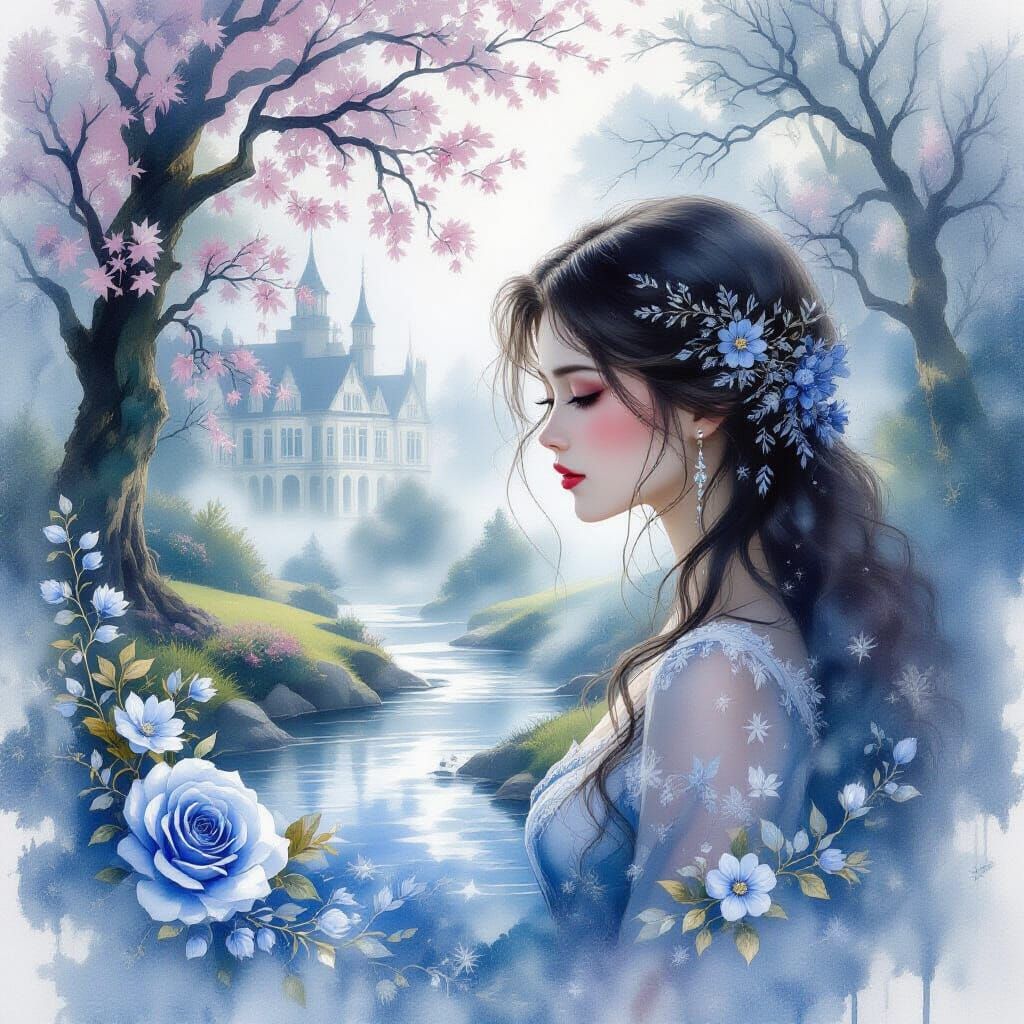 Ethereal Crystal Girl in Misty Watercolor Fantasy