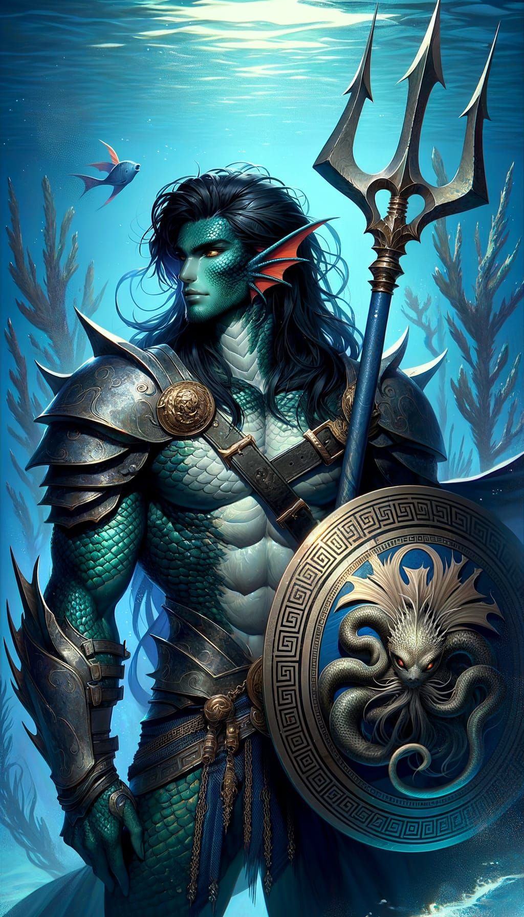 Triton Warrior in Renaissance-Inspired Anime Style