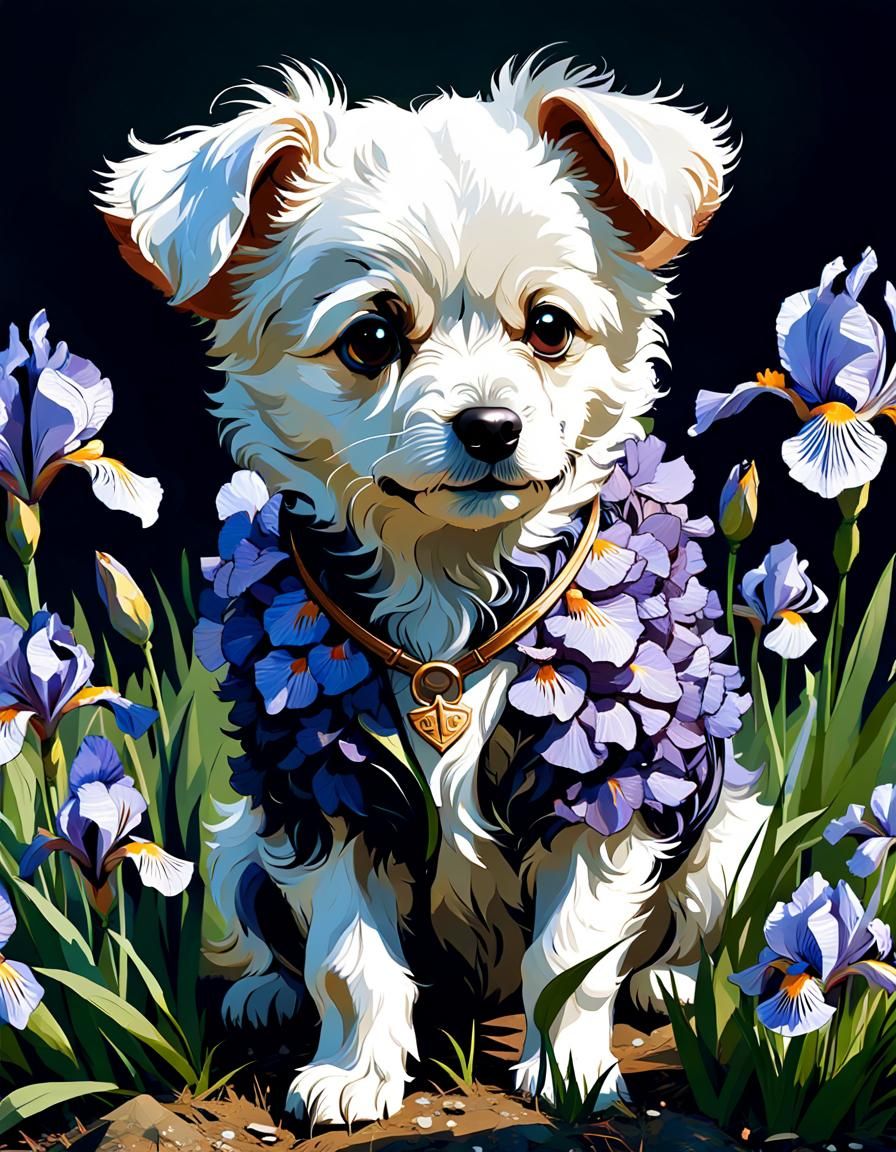 A Papipoo Dog in an Iris Virginica Flowers Costume, in a Dig...