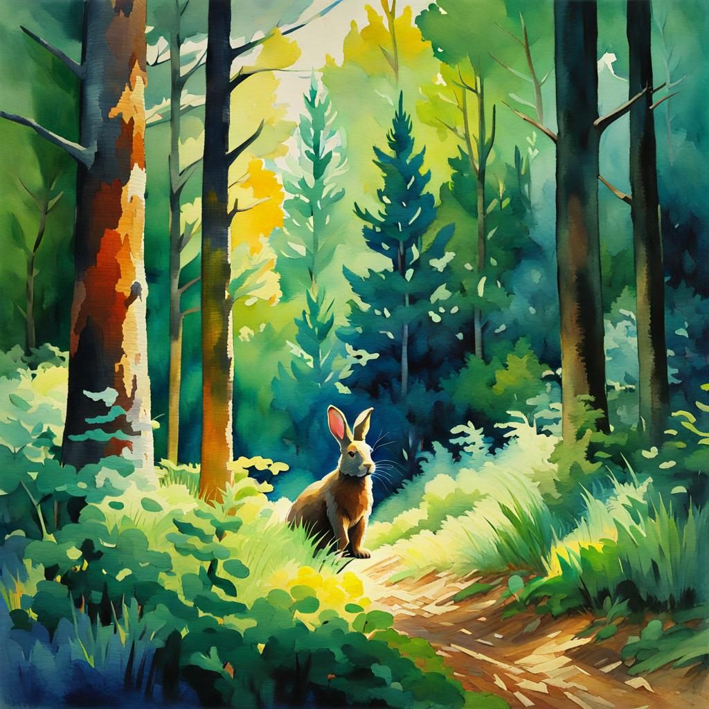 Giant Rabbit and Tiny Bear in Watercolor Style