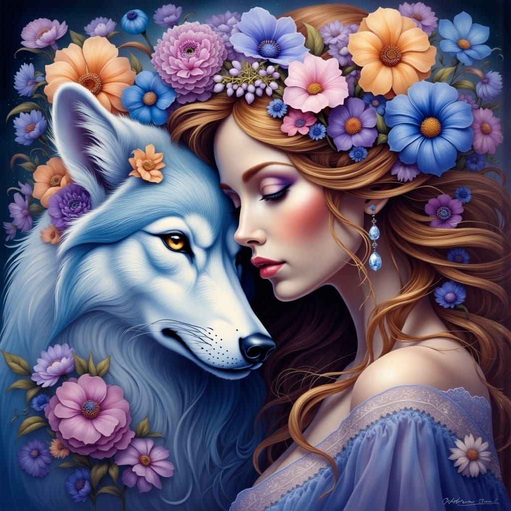 Whispering Maiden Amidst Morning Blooms and Celestial Wonder...