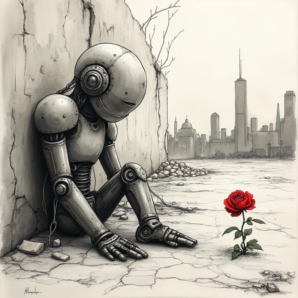Melancholic Robot in Ruined City, Charcoal and Ink Style
