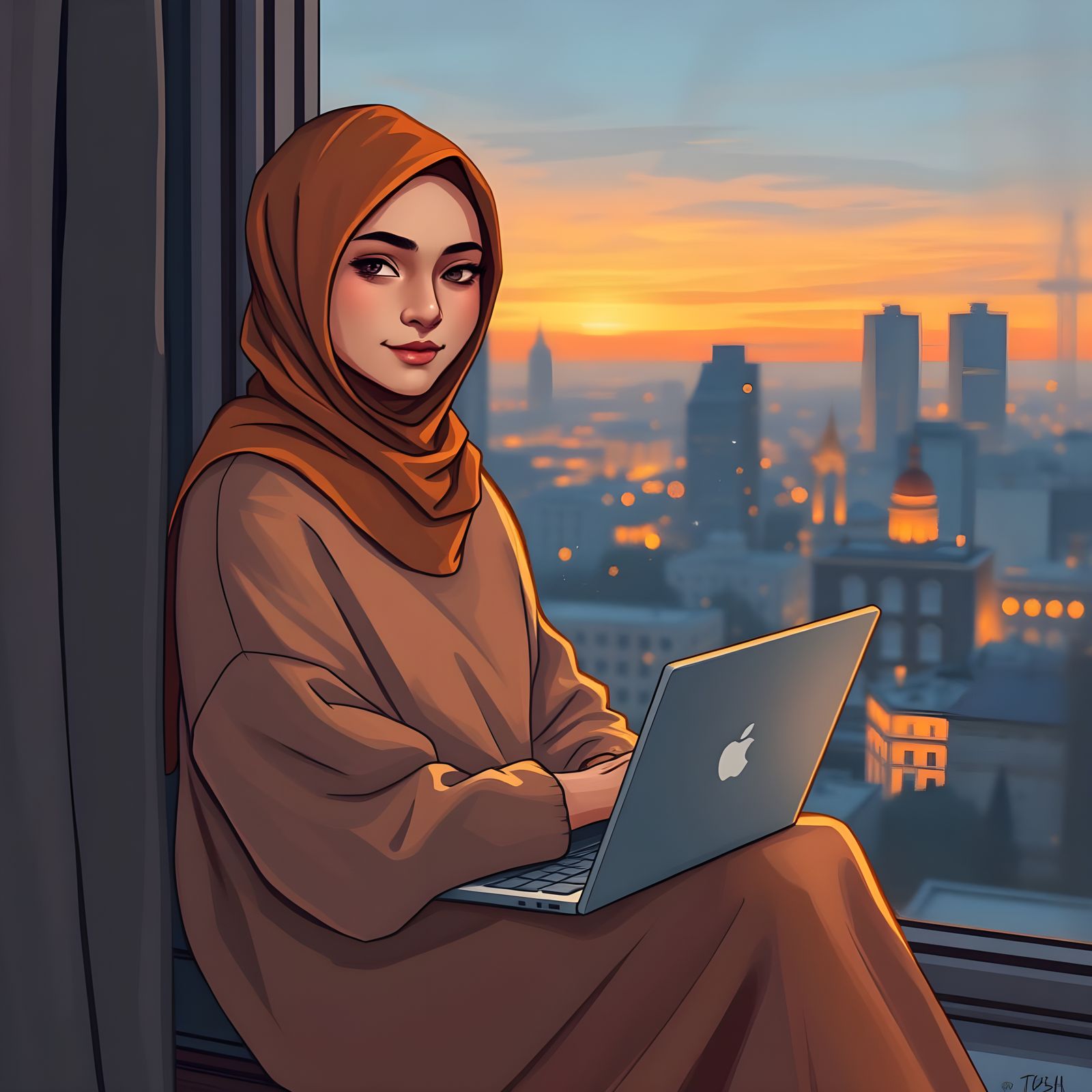 Confident Hijabi Woman Finds Focus in Evening City