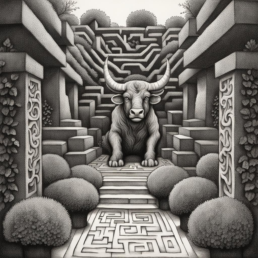 Minotaur Topiary in Maze: Ink and Charcoal Drawing
