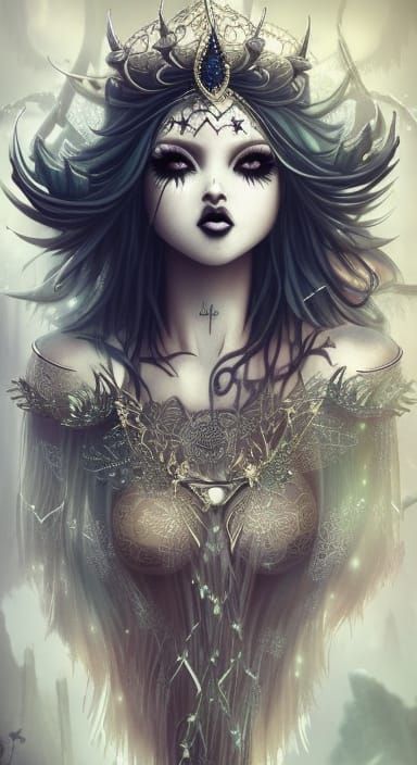 Bone Crowned Hell Witch: Detailed Digital Illustration