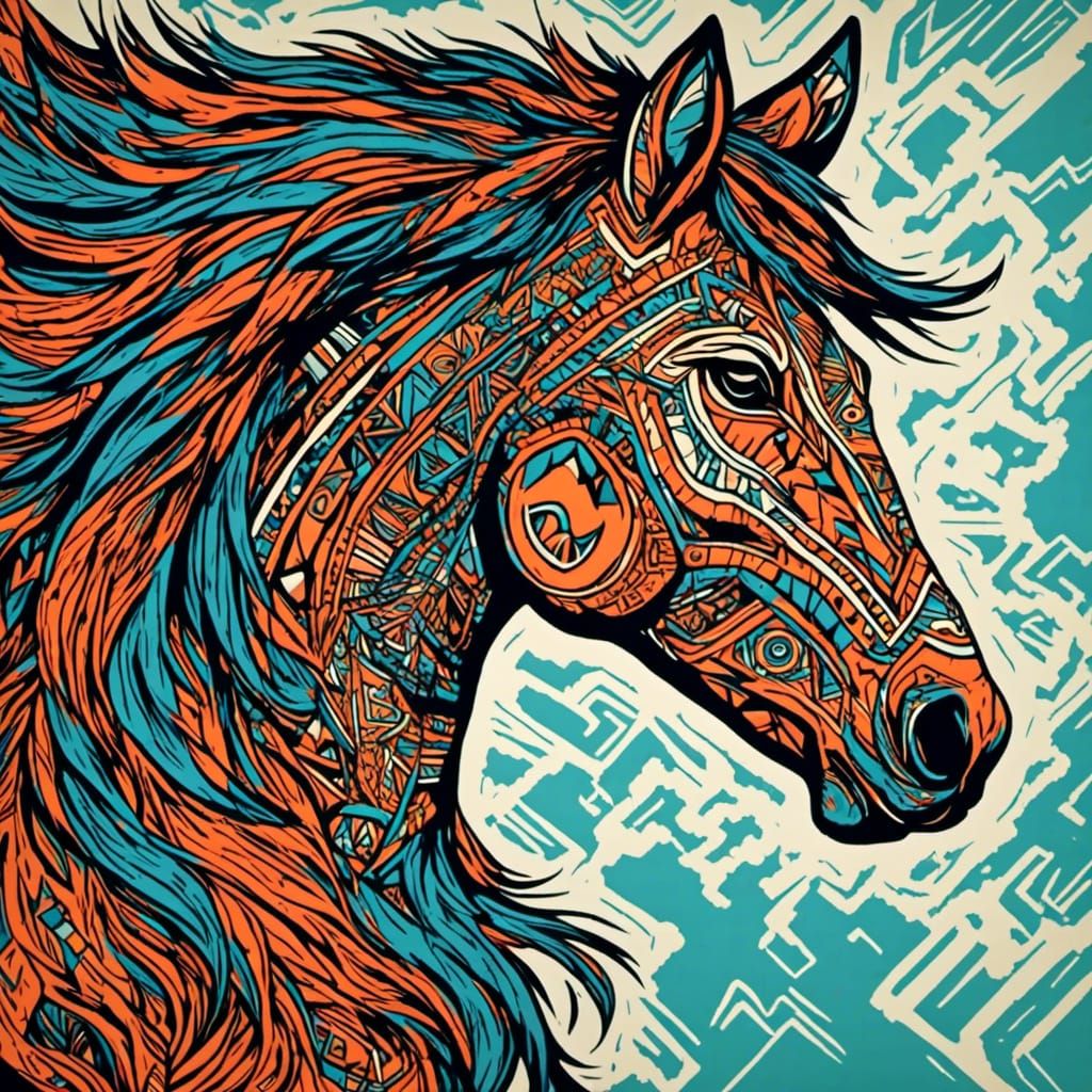 Wild Horse in Funky Aztec Screen Print Style