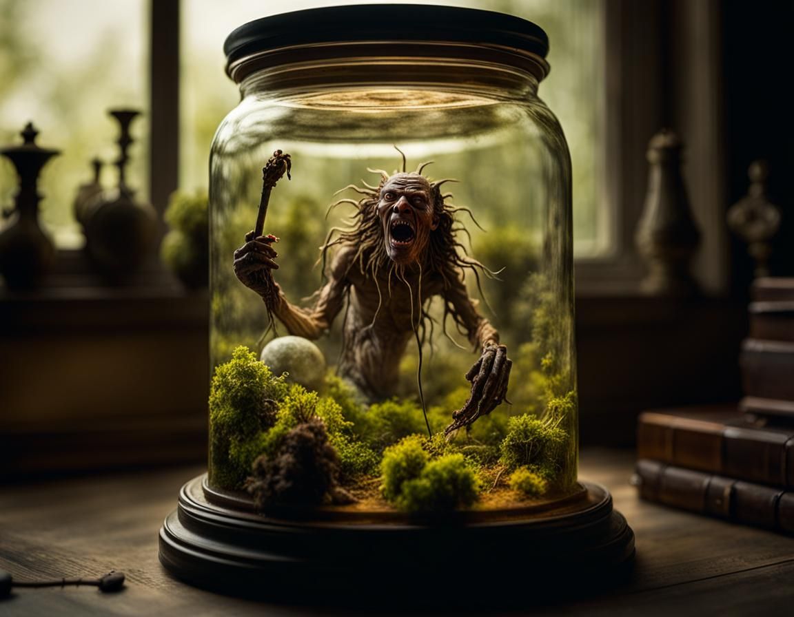 Body Horror Monster in Jar, Surrealist Art