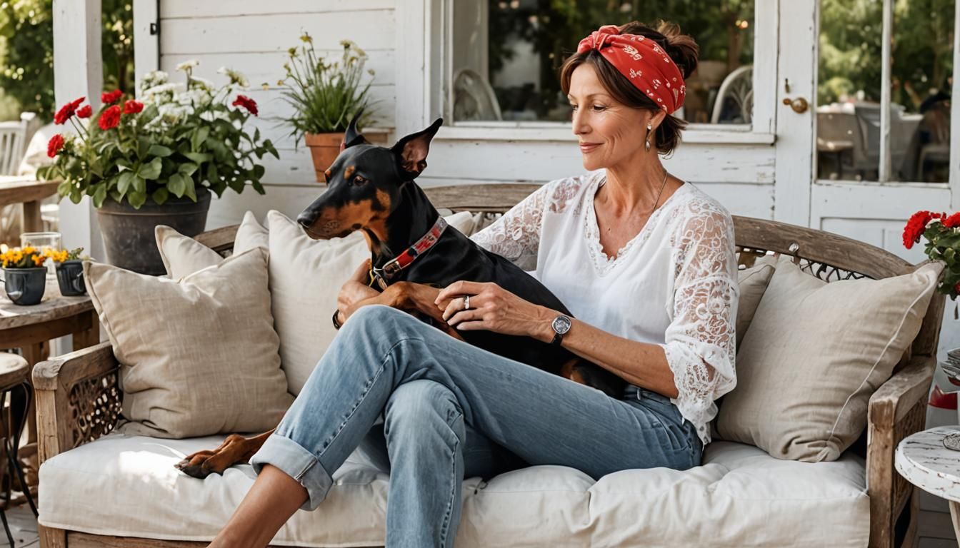 A woman or women with brunette hair in a little messy bun an...