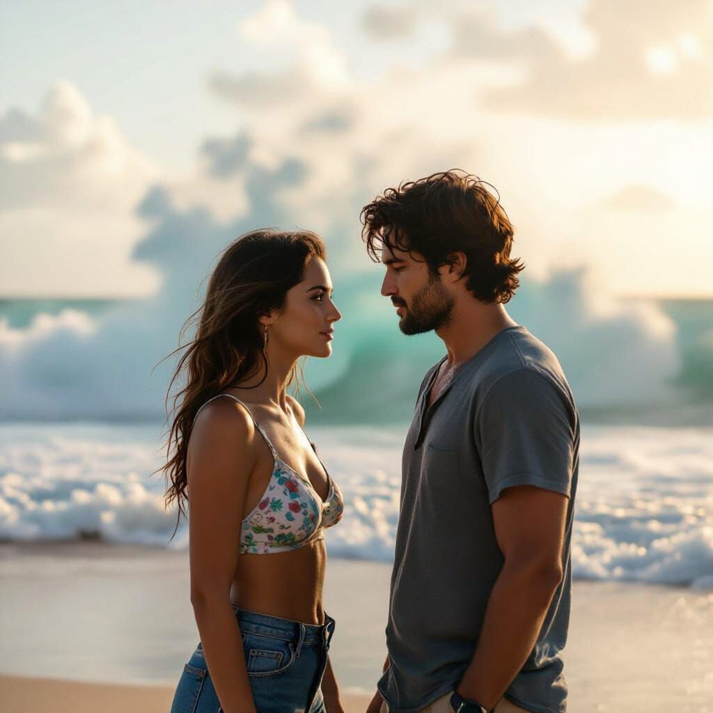 Intense Beach Encounter with Looming Wave, Cinematic Style