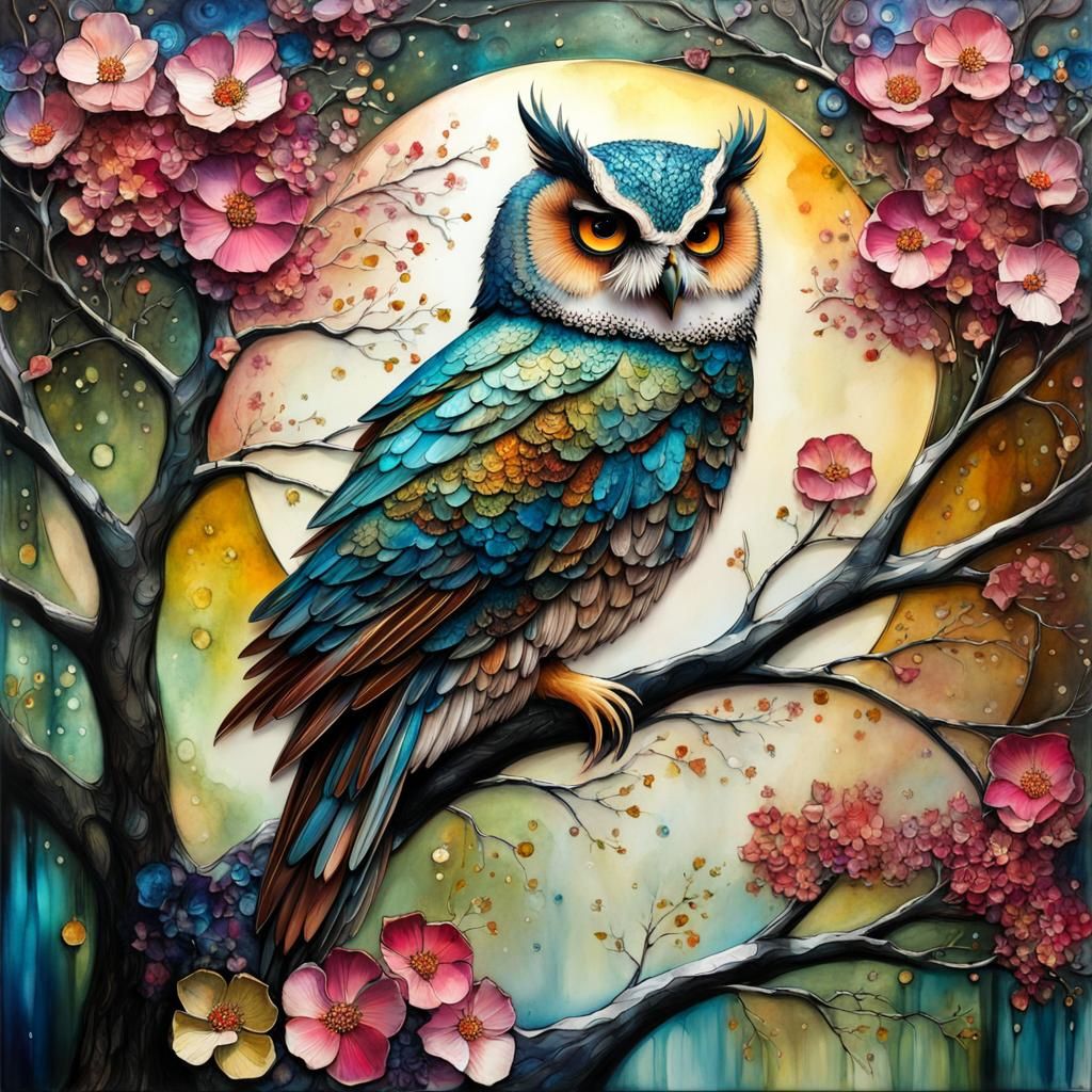 Owl in Magical Tree: Mixed Media Digital Art