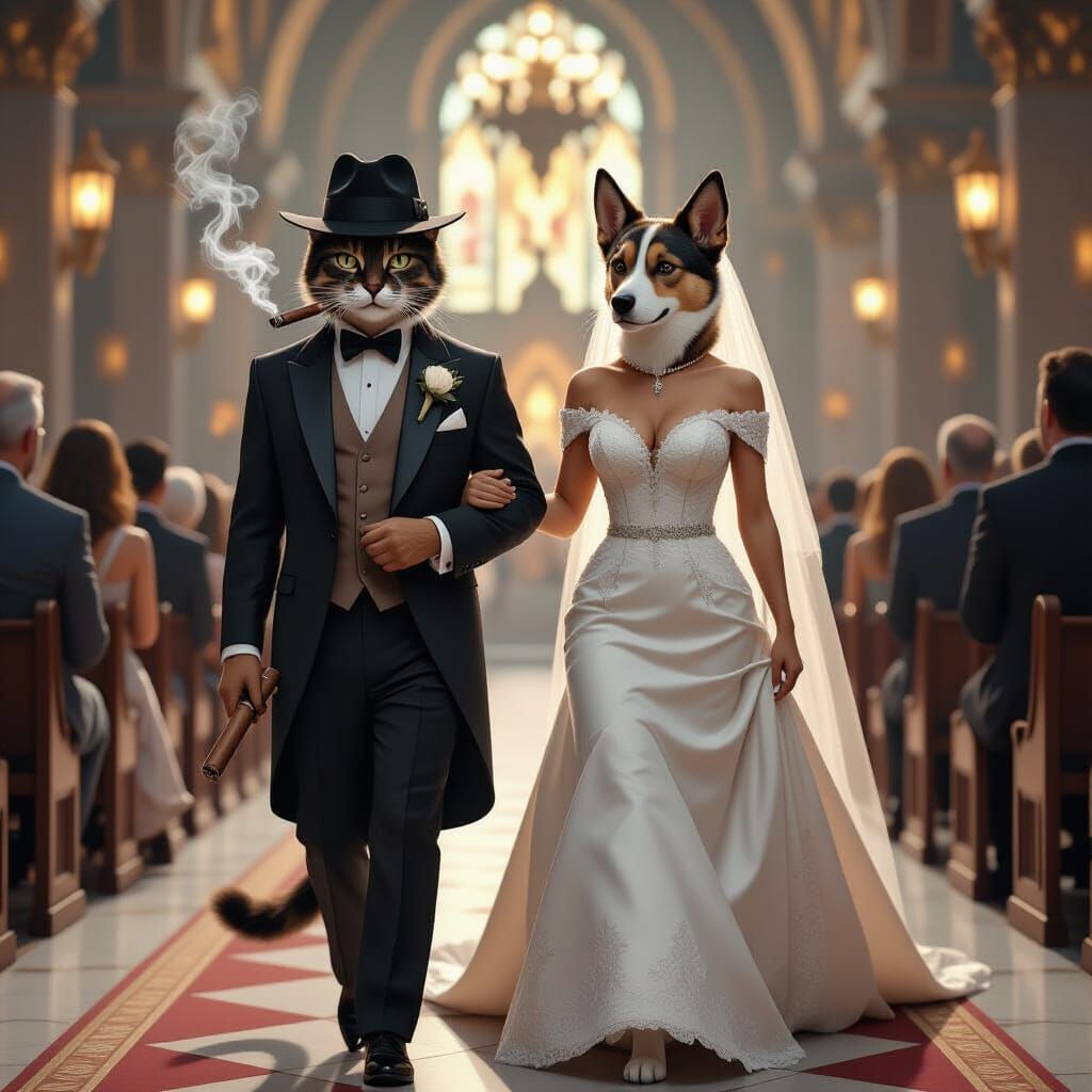 Cat in Suit and Bride with Dog Head Enter Church