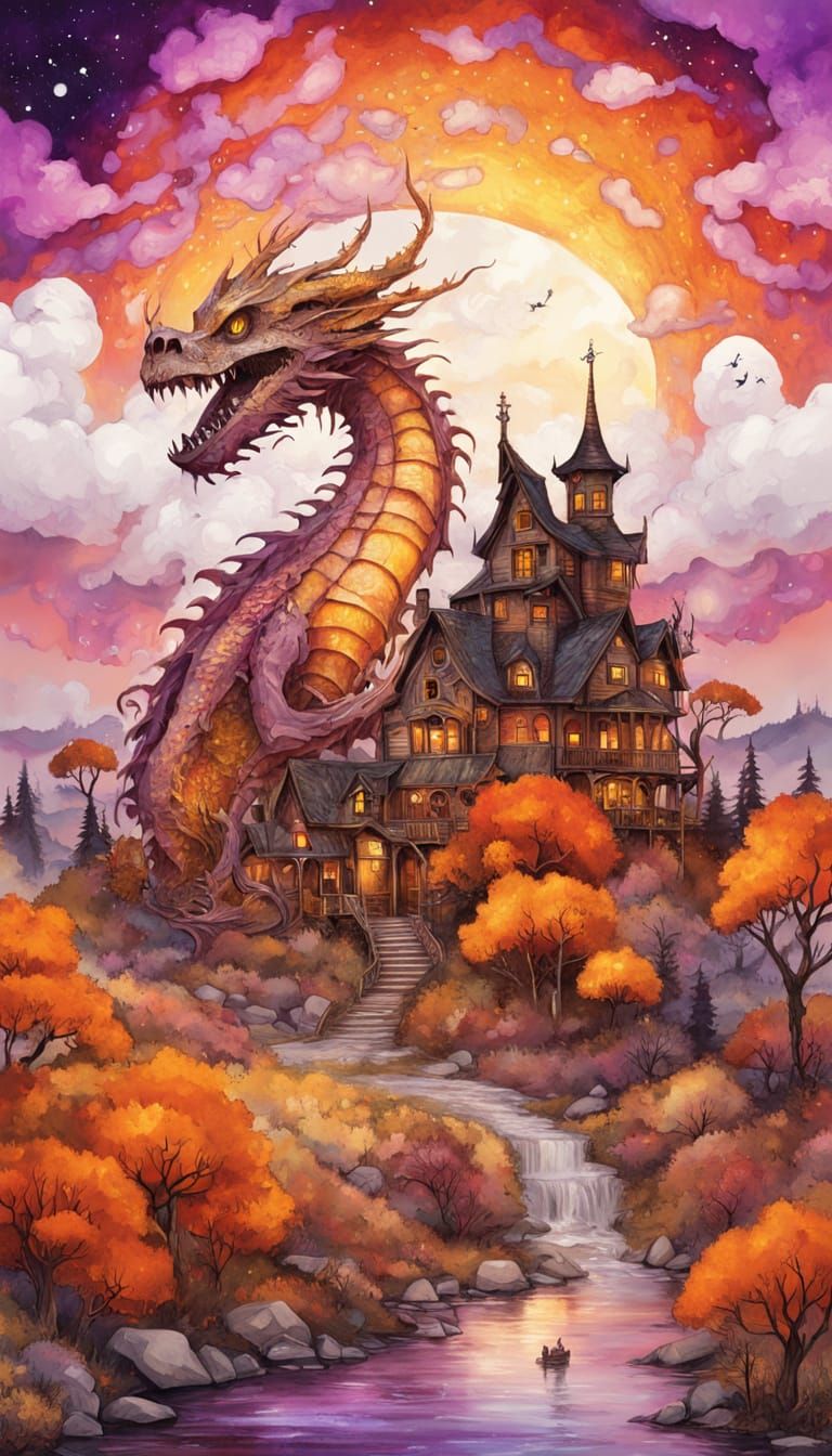 Skeleton Dragon in Colorful Abstract Expressionist Landscape