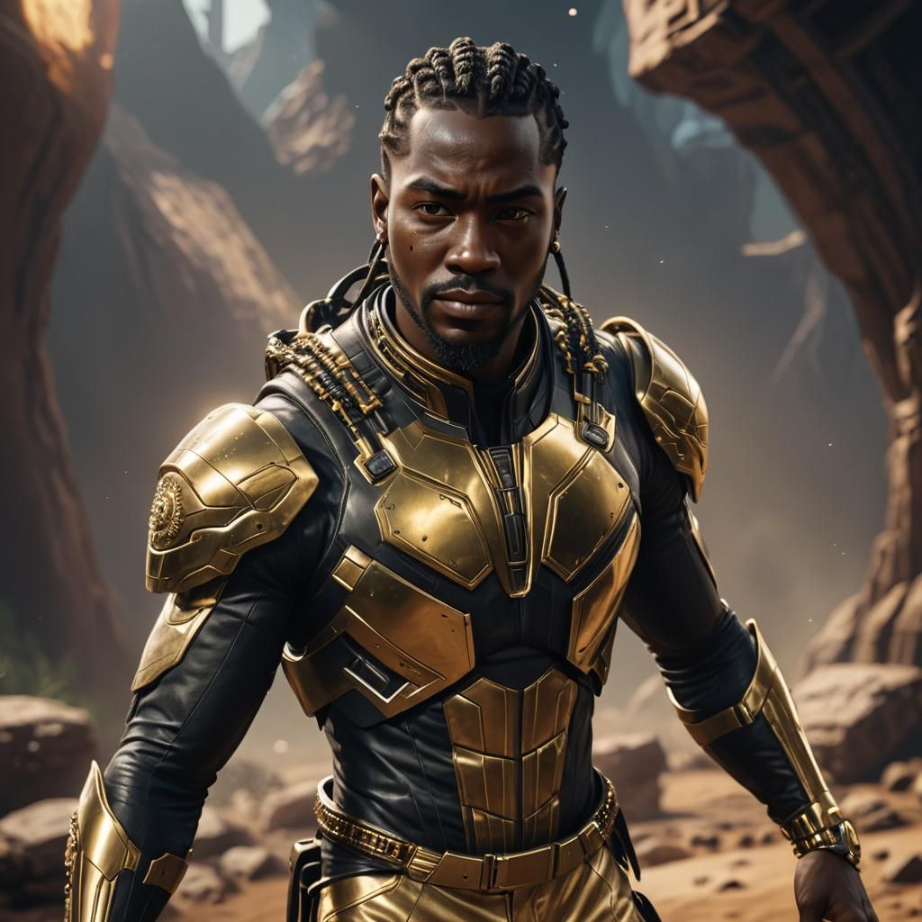 Black Space Ranger in Gold Suit: 3D Cinematic Render