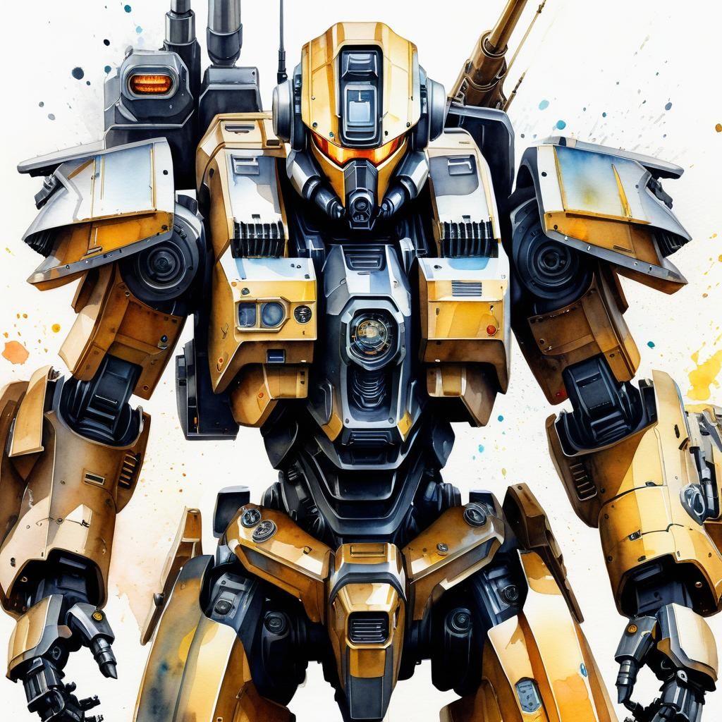 Hyper Detailed Mech Warrior Digital Watercolor Illustration