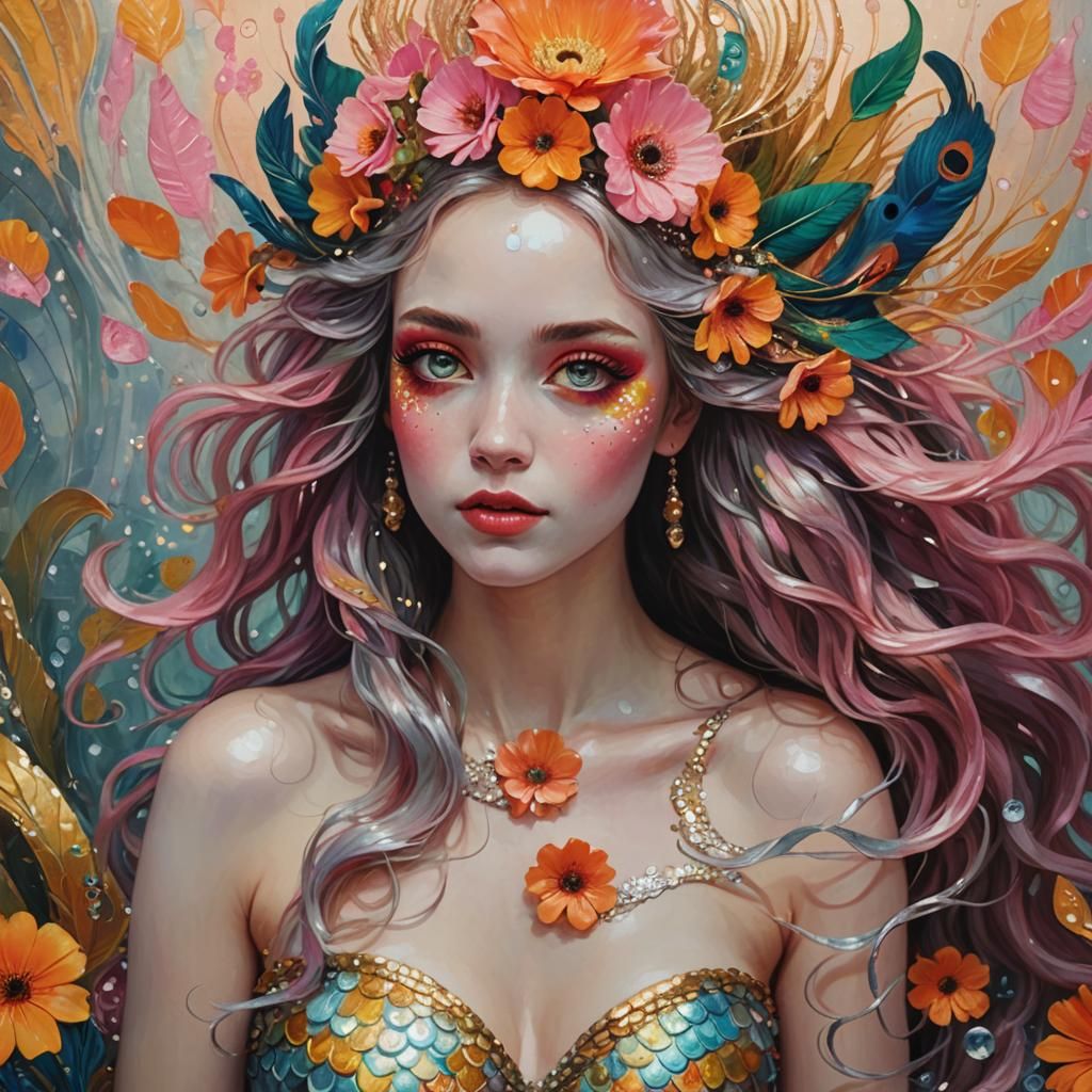 Peacock Mermaid in Klimt-Inspired Pop Art
